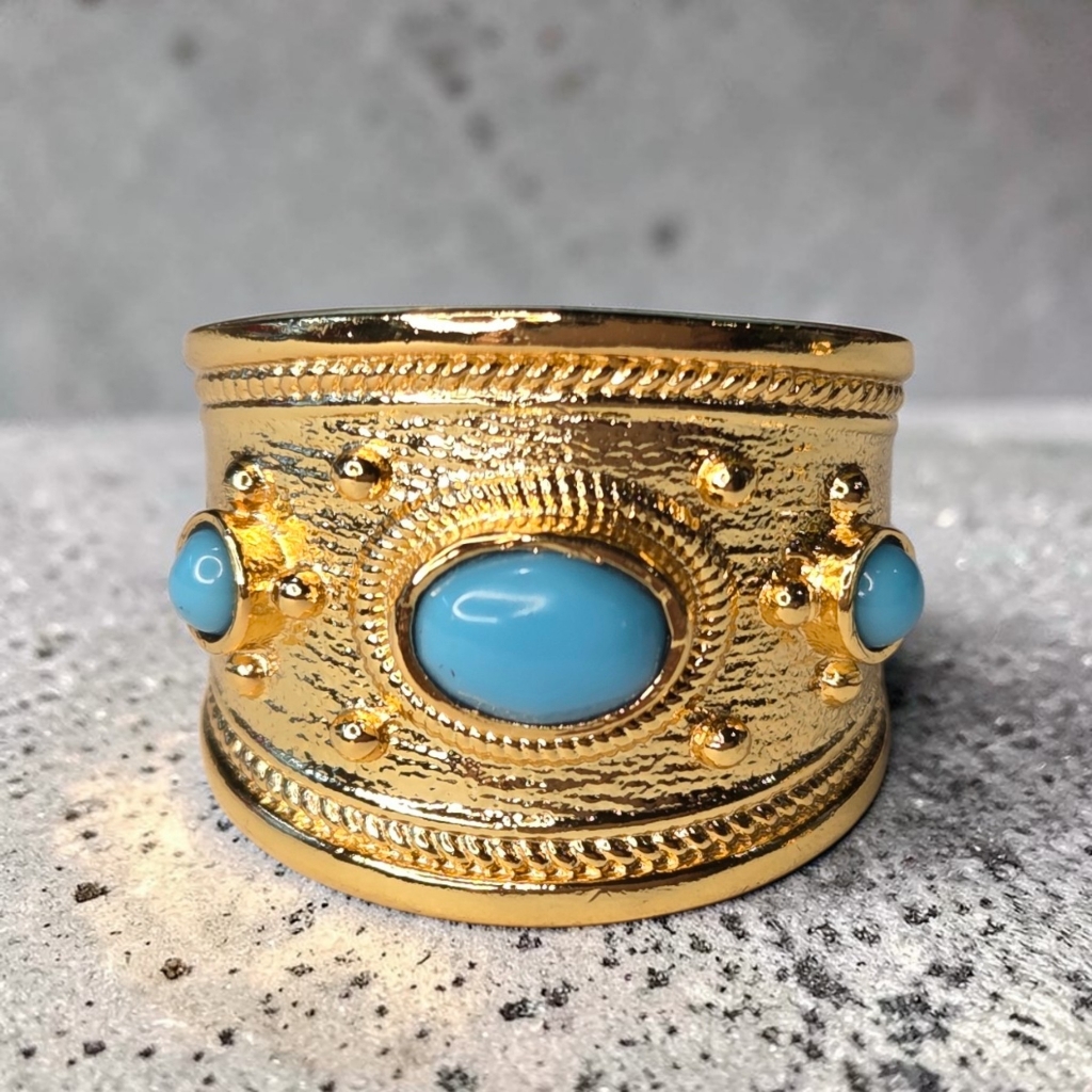 18k Gold Plated Byzantine Turquoise Cabochon Wide Band Ring